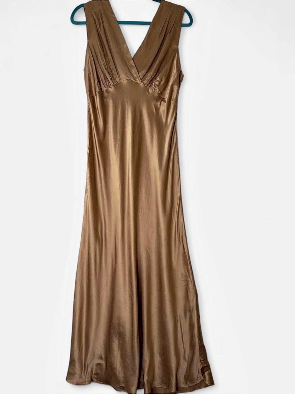 100% Silk Bias Cut Maxi Slip Dress Gold Satin V-Neck Size L